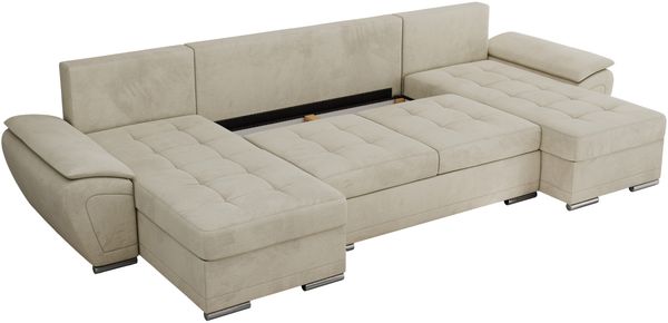 U-förmiges Ecksofa mit Schlaffunktion, genähter Sitz, zwei Armlehnen und losen Kissen - UMBRIA U - Beige Velours Bild 6