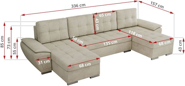 U-förmiges Ecksofa mit Schlaffunktion, genähter Sitz, zwei Armlehnen und losen Kissen - UMBRIA U - Beige Velours Bild 7