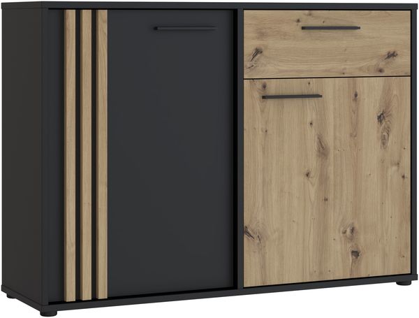 Forte CARDIGAN Kommode 120, moderne Kommode, 2-türig mit Lamellendesign, 1 Schublade, Wohn-/Schlafzimmer, Artisan Eiche Holzdekor|Schwarz, 115,8 cm breit x 82,3 cm hoch x 34,3 cm tief Bild 3