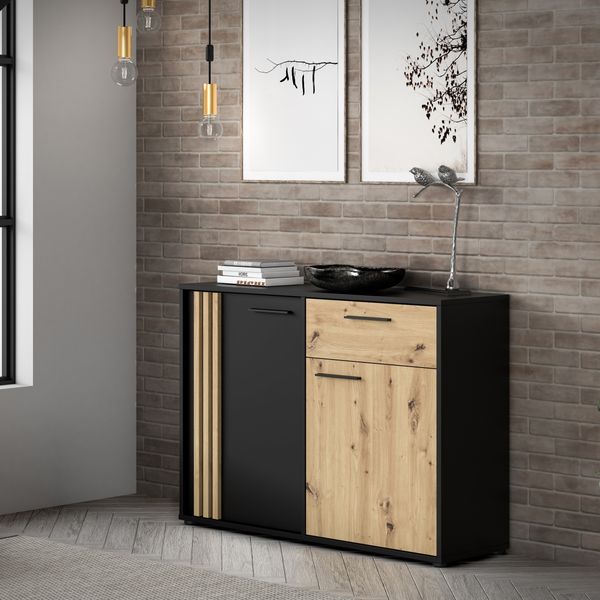 Forte CARDIGAN Kommode 120, moderne Kommode, 2-türig mit Lamellendesign, 1 Schublade, Wohn-/Schlafzimmer, Artisan Eiche Holzdekor|Schwarz, 115,8 cm breit x 82,3 cm hoch x 34,3 cm tief