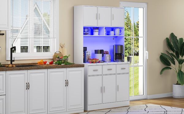 Buffetschrank 100 x 40 x 180 cm aus MDF in Weiß mit LED & Steckdosenleiste