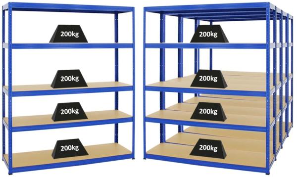 PROREGAL Mega Deal 5er-Set Schwerlastregale Giant Elephant 180 x 150 x 45 cm mit 5 Ebenen Fachlast 200kg Blau, Kellerregal, Steckregal, Garagenregal, Lagerregal