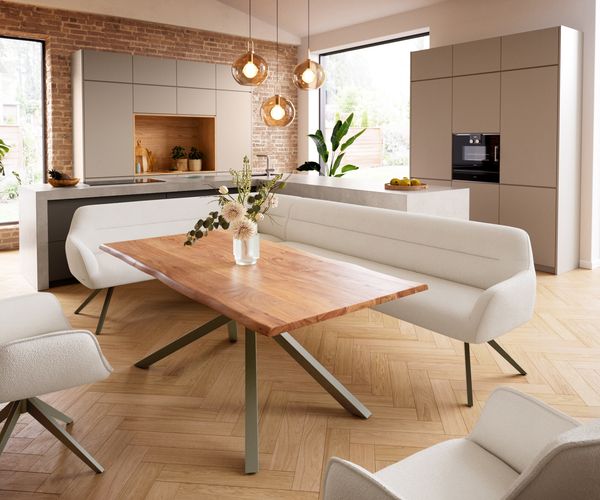 Esszimmerbank Taya-Flex 285x190 cm Bouclé Creme-Weiß Kreuzgestell kantig Effektfinish Titan Taschenfederkern Rechts
