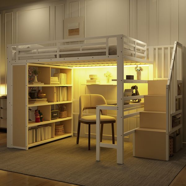 Hochbett, 140 x 200 cm, Eisenrahmen, mit Schreibtisch, Ablagefach, LED-Lichtleiste, Treppenkonstruktionen mit Stauraum, ohne Matratze, Weiß