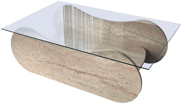 Modern Coffee Table, 105 cm Width, 35 cm Height, 65 cm Depth | 100% Tempered Glass & Melamine Coated Frame | Elegant Travertine & Transparent Design