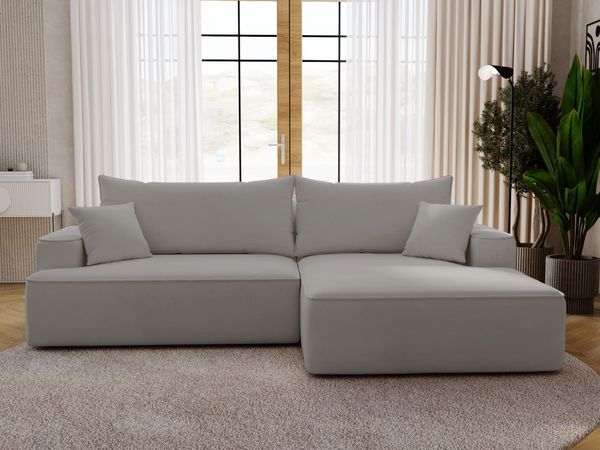 GRAINGOLD Ecksofa California, Sofa mit Schlaffunktion, Bettkasten, Eckcouch L-Form, Velour-Stoff, Hellgrau, Rechts