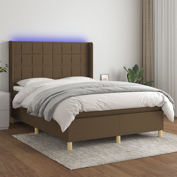 vidaXL Boxspringbett mit Matratze & LED Stoff Dunkelbraun 140x200 cm