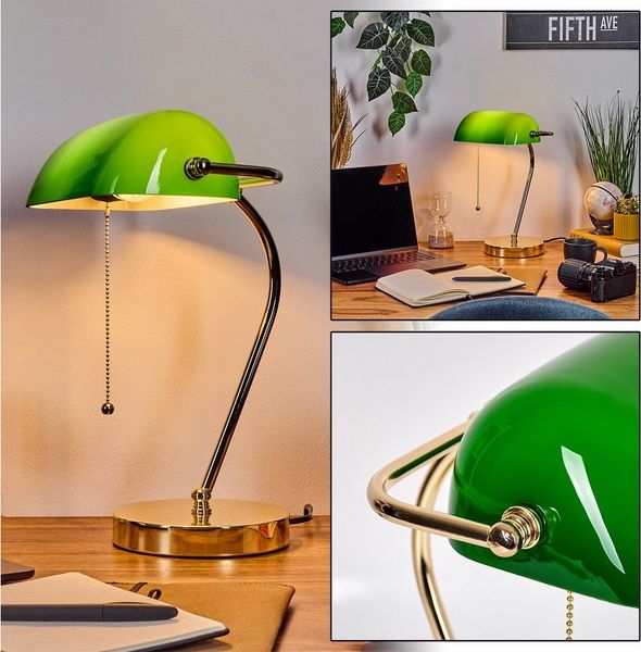 hofstein Tischleuchte Tischlampe aus Metall/Glas in Messing/Grün/Weiß mit Zugnschnur, E27, ohne Leuchtmittel, traditionelle Bankerlampe, Schreibtischlampe im Retro/Vintage-Design