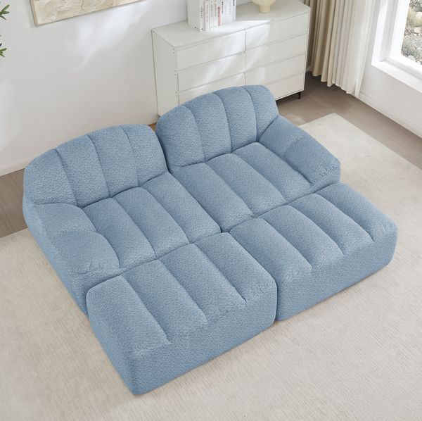Modulares Sofa mit Ottomanen aus granuliertem Fleece, 2-Sitzer, 210 x 165 x 79 cm, blau
