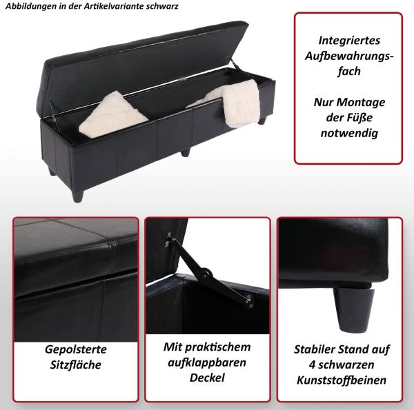 Aufbewahrungs-Truhe Sitzbank Kriens XXL, Kunstleder, 180x45x45cm MVG-zertifiziert ~ rot Bild 2