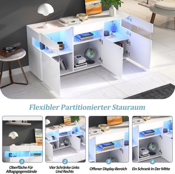 Sideboard 140 cm mit LED, 3 Türen, Acryl-Vitrinentüren, großer Stauraum, modernes Lowboard für Wohnzimmer Bild 8