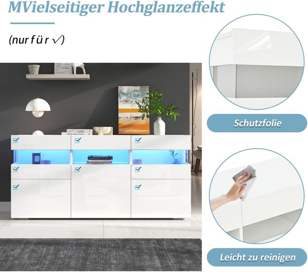 Sideboard 140 cm mit LED, 3 Türen, Acryl-Vitrinentüren, großer Stauraum, modernes Lowboard für Wohnzimmer Bild 9