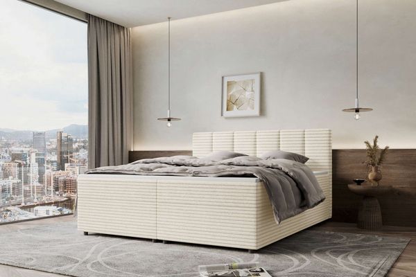 99rooms Bergamo Boxspringbett Cordstoff AMBIENCE Creme 180x200 cm Schaum Topper 6 cm
