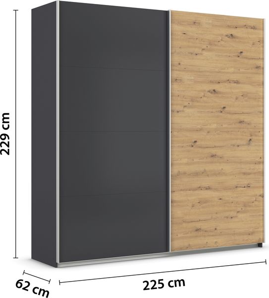 rauch Quadra, Kleiderschrank, Schiebetürenschrank, 2-türig, mit 2 Kleiderstangen und 4 Einlegeböden, Farbe Grau metallic/Eiche Artisan, BxHxT 226x229x61cm Bild 4