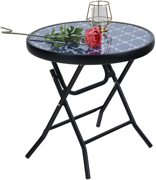 PHI VILLA Klappbar Runder Beistelltisch Glas aus Metall Gartentisch Kaffeetisch Klein Balkontisch wetterfest pflegeleicht für Balkon Garten Terrasse Wohnzimmer