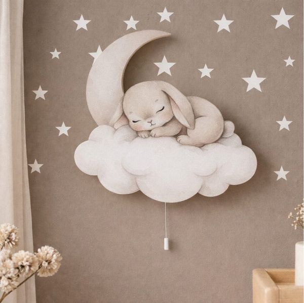 COZYCOLLECTIONS LED Wandleuchte Hase Mond Wolke LED-Nachtlicht Kinderzimmer, LED, Warmweiß, Montessori-inspiriertes Nachtlicht in sanften Naturtönen