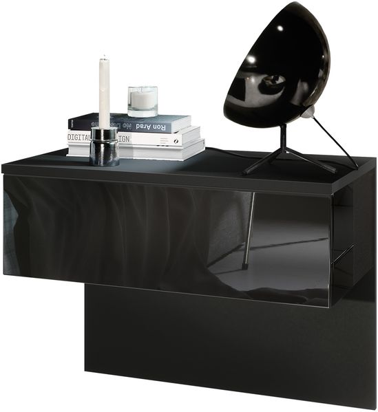 Vladon Nachttisch Sleep, Nachttischschrank mit Schublade zur Wandmontage, Schwarz matt/Schwarz Hochglanz (60 x 46 x 35 cm)