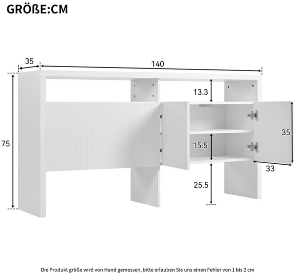 Flieks Kommode mit 2 offenen Fächern und 4 Türen (1 St, Schrank für Wohnzimmer, Schlafzimmer, Flur), Sideboard Mehrzweckschrank Weiß, Breite 140 cm Bild 3