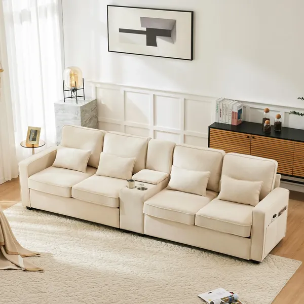 Big-Sofa, 4-Sitzer inkl. loser Zier- und Rückenkissen, Zwischentisch, USB-Anschlüssen, Polstersofa, Wohnzimmersofa, Leinen