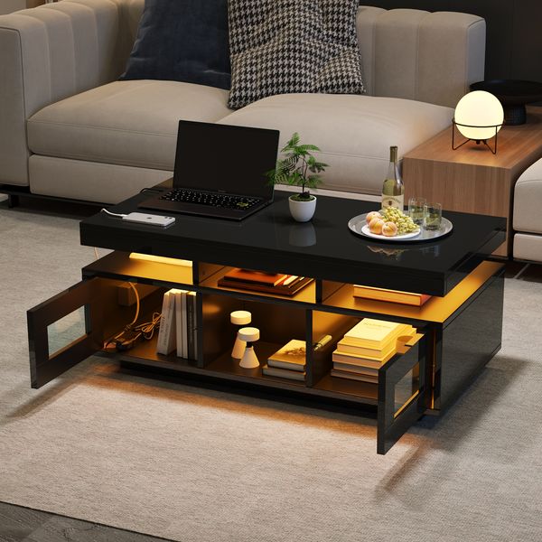 Merax Hochglanz-Couchtisch, mit per mobiler App steuerbaren LED-Leuchten, Wohnzimmertisch mit Schrank, Sofatisch mit Ladeanschluss und steckdose, Schwarz