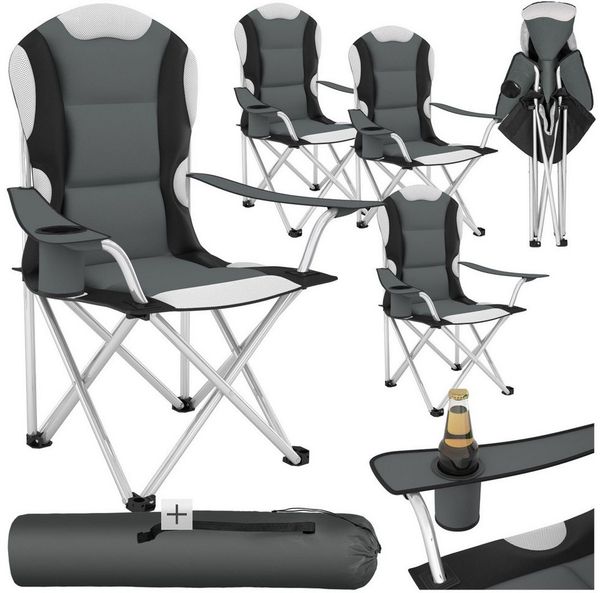 tectake Campingstuhl Gartenstuhl mit Polsterung, faltbar, 60 x 88 x 110 cm (Outdoor Klapptstuhl für Außen in Grau, 4 St), gepolstert, mit Getränkehalter, geringes Gewicht, inkl. Tragetasche