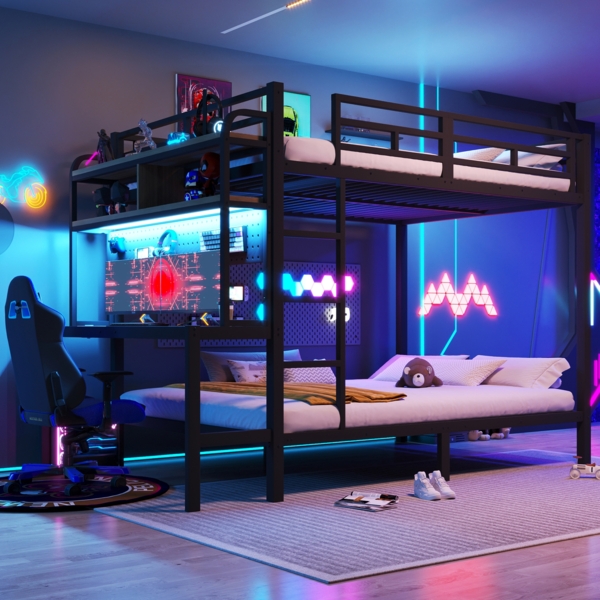 Merax Etagenbett, 140 x 200 cm, Kinderbett, Jugendbett, Eisenrahmen, Ablagefach, Schreibtisch, mit LED-Lichtleiste, USB-Anschluss, Sicherheitsgeländer, Leiter, schwarz