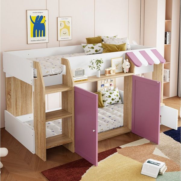 Merax Kinderbett Hausbett im Hausdesign (1-tlg), Massivholz Jugendbett Hochbett 90x200 cm mit Leiter und Stauraum