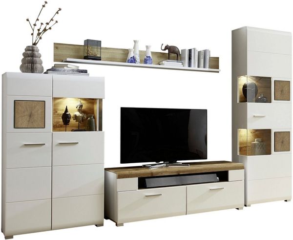Wohnwand Schrankwand Anbauwand Wohnzimmer-Set 2 FUN PLUS weiß Holz Licht