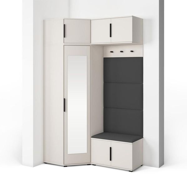 Garderoben-Set Napoli Version 19: Eckschrank mit Polsterpaneelen, Schuhschrank und Schrankaufsatz Flur und Eingangsbereich (Cashmere/Trinity 16), 229 x 70 x 140 cm
