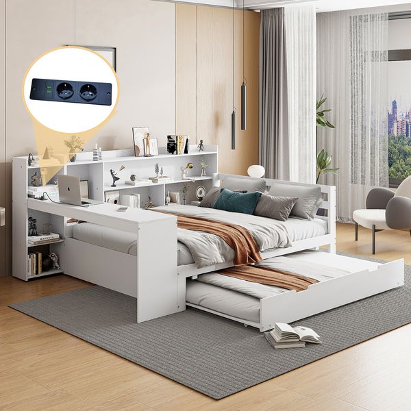 Multifunktionales Massivholz-Schlafsofa mit Ausziehbett, Regalen & USB-Steckdose, Doppelbett mit Stauraum,Weiß