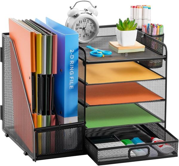 SURFOU Schreibtischaufsatz Schreibtisch Organizer mit Aktenhalter 5Tier Briefablage Ablagefächer, (mit Schublade 2 Stifthalter, Netz Schreibtisch Ablage), für Büro Bedarf Dokumentenablage