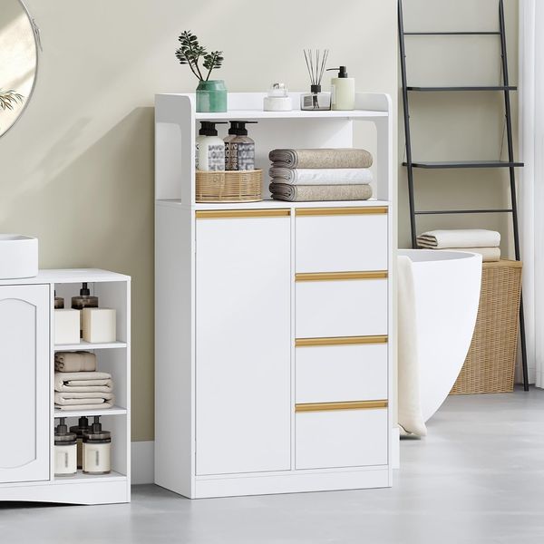 Badezimmerschrank, Küchenschrank, Aufbewahrungsschrank mit 4 Schubladen und Offenem Regal, Badschrank Hoch, Verstellbare Ablage, für Badezimmer, Wohnzimmer, Weiß, 29 x 60 x 110 cm