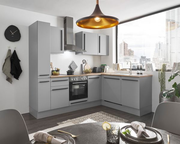 Denver Moderne Eckküche mit Elektrogeräten in Grau, Lancelot Eiche Optik - Geräumige Küchenzeile in L-Form mit viel Stauraum - 250 x 211 x 60 cm (B/H/T)