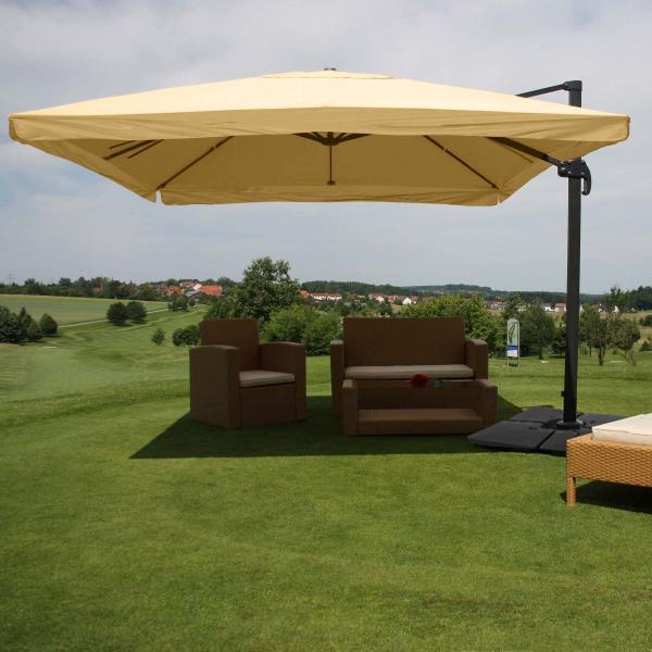 Gastronomie-Ampelschirm HWC-A96, Sonnenschirm, 3x4m (Ø5m) Polyester/Alu 26kg ~ Flap, creme mit Ständer