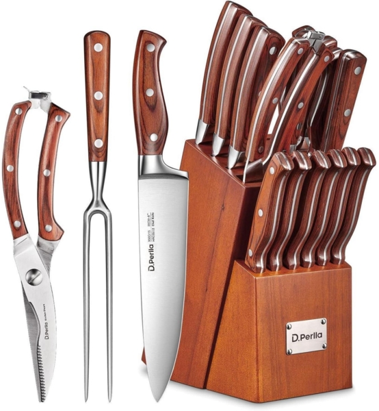 Messerblock Messerset 16-TLG Messer mit Holzgriff Edelstahl Kochmesser Set