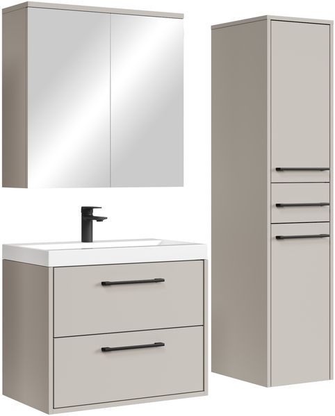 Badmöbel Komplettset Florence 60 x 35 cm Cashmere - Badezimmermöbel mit Waschbecken, Spiegel und Badezimmerschrank
