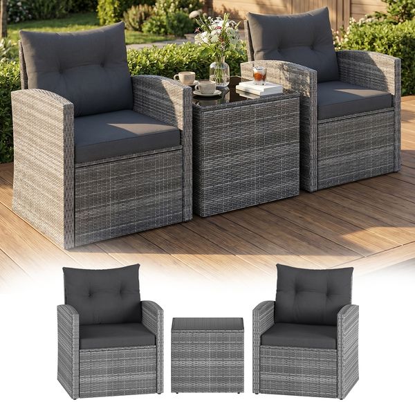 STEELSØN 'Selaria' Polyrattan Sitzgarnitur 3-tlg, Gartenmöbel Set aus 2 Stühlen und Tisch, Sitzgruppe inkl. Kissen, grau-meliert, wetterfest für 2 Personen