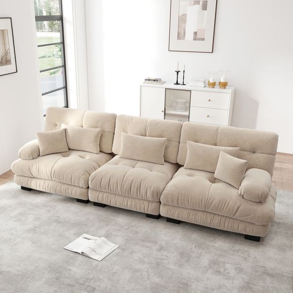 Sofa 3‑Sitzer modular, Lichtkaffee Chenille, tiefer Sitz mit Cloud‑Look‑Kissen, modernes Wohnzimmerdesign