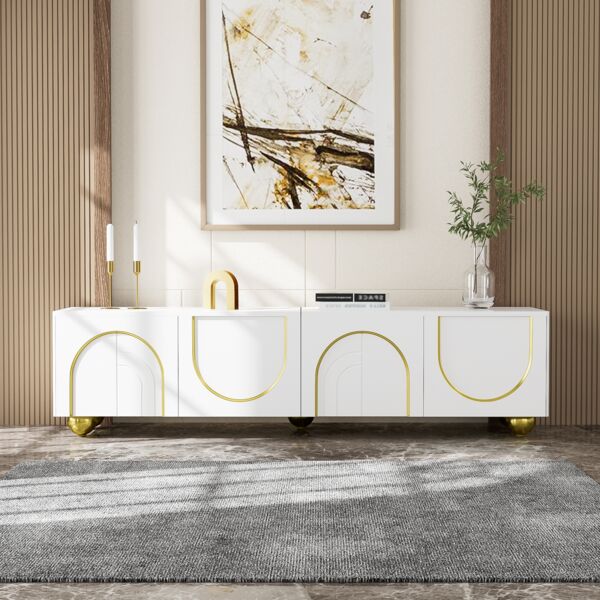 TV-Lowboard aus Spanplatte mit 4 Türen, Push-to-Open, 170x38x44 cm, Weiß/Gold