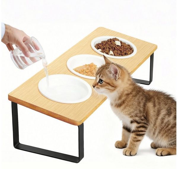 Rywell Futternapf Hundenapf & Katzennapf Futterstation aus Bambus mit Metallgestell, Keramik, 3 Keramiknäpfe à 213ml, Rutschfest, Ergonomisch, Leicht zu Reinigen