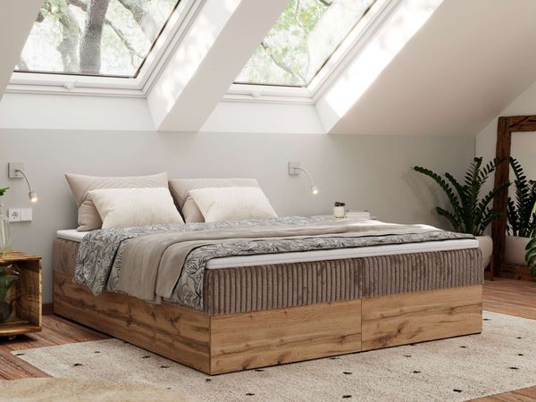Polsterbett mit Bettkasten, Boxspringbett ohne Kopfteil WOOD ZERO, 7-Zonen Multipocket-Matratze und Topper, modernes Bett für Schlafzimmer - Braun Cordstoff - 200 x 200 cm - H4