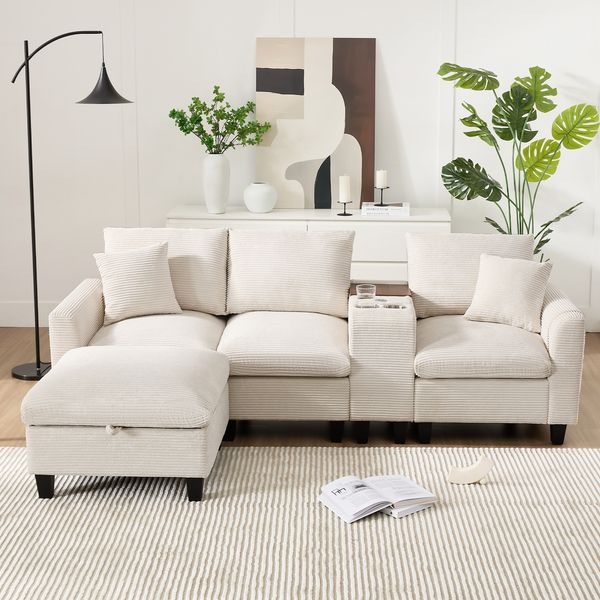 L-Sofa Cord 4-Sitzer mit Mittelkonsole USB Ladeanschluss Getränkehalter Stauraum Hocker Couch Wohnzimmer,Beige