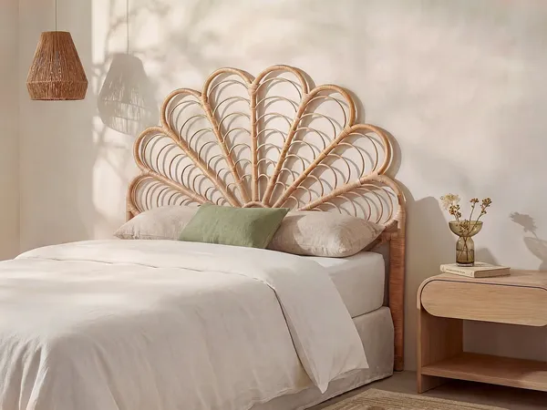 Vente-unique - FLOSIA Bettkopfteil und Bettbrücke Rattan Beige - B 4 cm x H 135 cm x L 165 cm