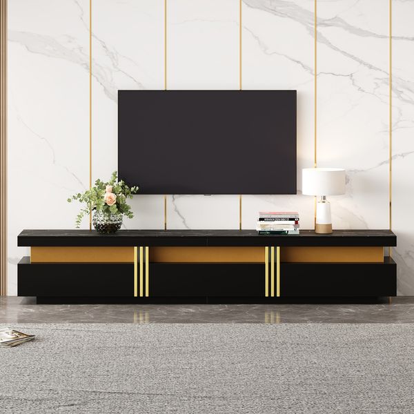 TV-Schrank, 200x40x42 cm, schwarzer TV-Schrank mit Marmoroptik & 3 Schubladen