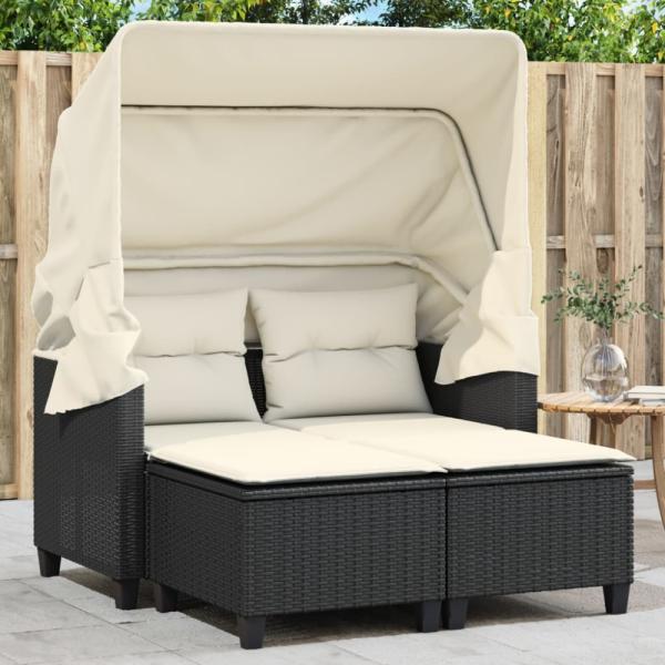 vidaXL Gartensofa 2-Sitzer mit Dach und Hockern Schwarz Poly Rattan 365780