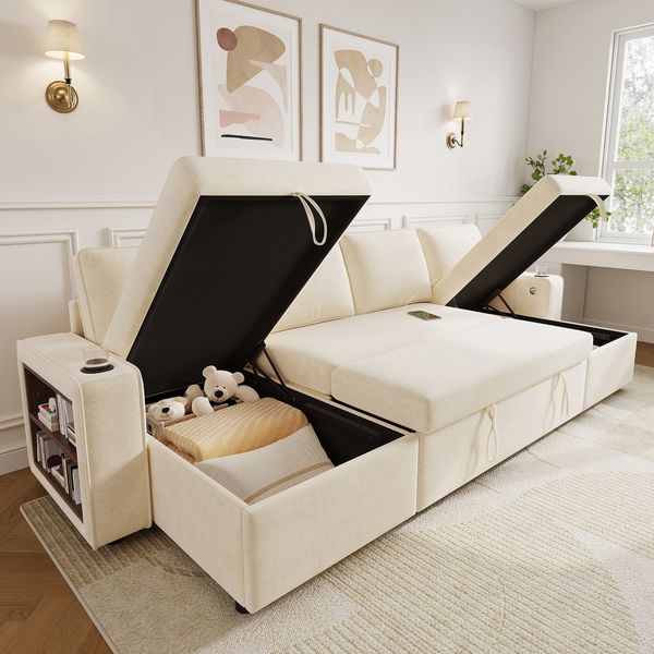 Merax U‑förmiges Ecksofa mit Schlaffunktion, ausziehbares Schlafsofa, integrierter Stauraum, doppelte Chaiselongue mit verstecktem Stauraum, Becherhalter, USB‑Ladeanschluss und Armlehnen‑Ablage, Beige