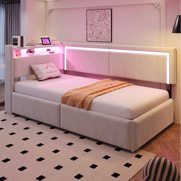Merax Daybett 90x200cm mit LED-Beleuchtung und USB-Ladeanschluss (Tagesbett Jugendbett Einzelbett Sofabett aus Samtstoff, 1 tlg), Polsterbett Schlafsofa mit hydraulischem Stauraum, Kopfteil mit Ablage