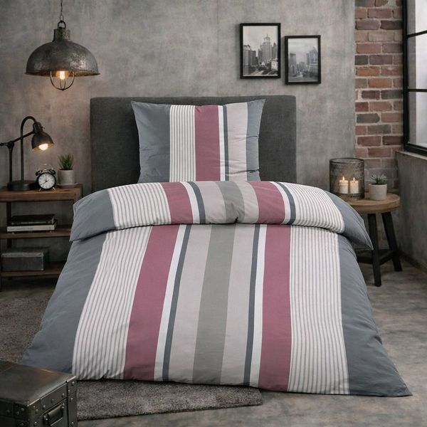 Casa Colori Bettwäsche Renforce Ganzjahres Bettgarnitur 135x200 cm, Renforce, 2 teilig, Grau Anthrazit Beere gestreift