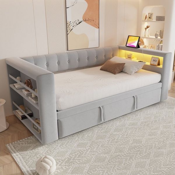 Merax Daybett mit LED-Beleuchtung, Steckdosen & Stauraum (Einzelbett Schlafsofa Sofabett Jugendbett, 1 tlg), Tagesbett 90/180x190cm mit Ausziehbett, Polsterbett aus Flanellstoff