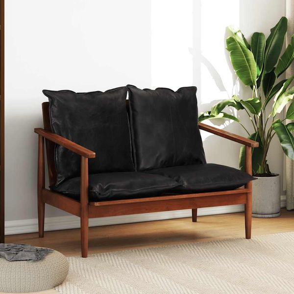 vidaXL 2-Sitzer-Sofa Schwarz Echtleder und Massivholz Akazie 340924